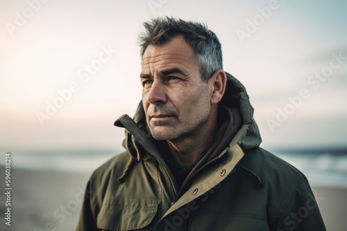 Portrait of handsome mature man looking away while standing on beach at sunset
