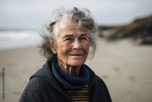 Portrait of an elderly woman on the beach, looking at camera
