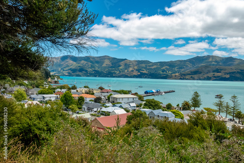 The resort town of Akaroe (Port Louis-Philippe) on Banks Peninsula in the Canterbury Region of the South Island of New Zealand.