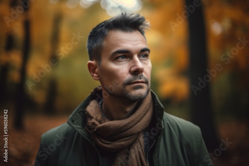 Portrait of a handsome man in the autumn forest. Men's beauty, fashion. © Robert MEYNER