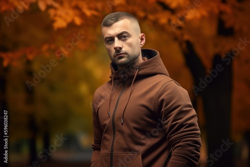 Portrait of a young man in a brown coat on a background of autumn trees.