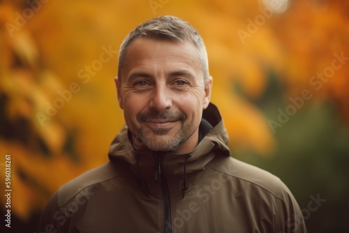 Portrait of a smiling middle-aged man in an autumn park