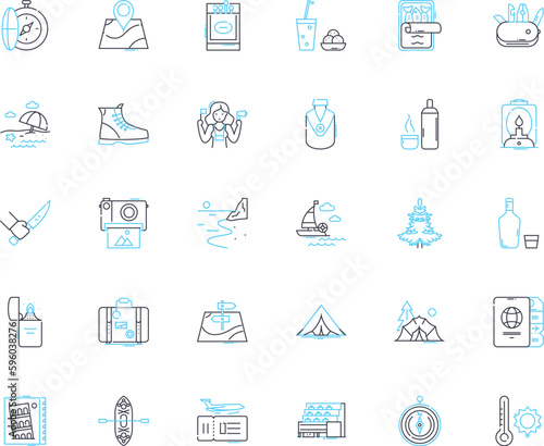 Rambling linear icons set. Strolling, Wandering, Meandering, Roaming, Walking, Sauntering, Trekking line vector and concept signs. Hiking,Striding,Trooping outline illustrations