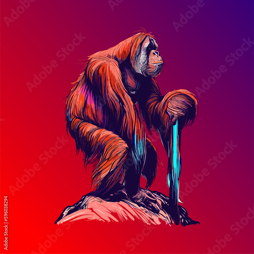 Colored vector  inked style orangutan wall art photo