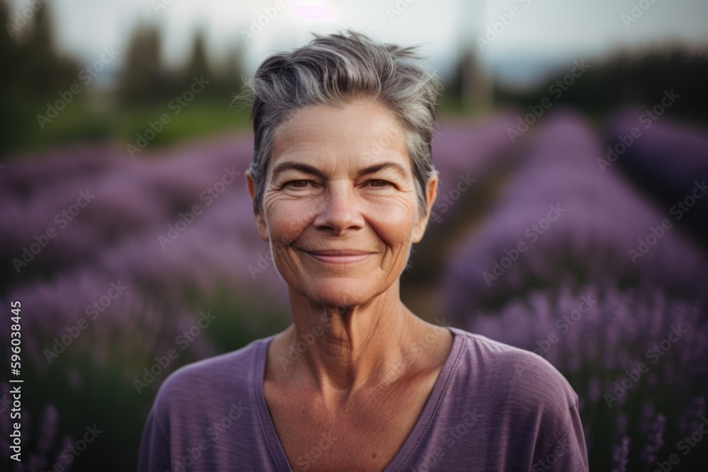 Portrait of senior woman standing in lavender field, smiling. Portrait of senior woman standing in lavender field, smiling.