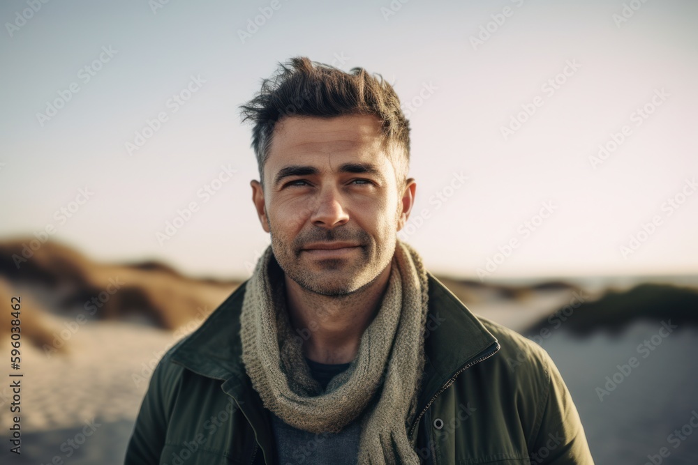 Portrait of a handsome young man with a beard in a green jacket on the beach Portrait of a handsome young man with a beard in a green jacket on the beach