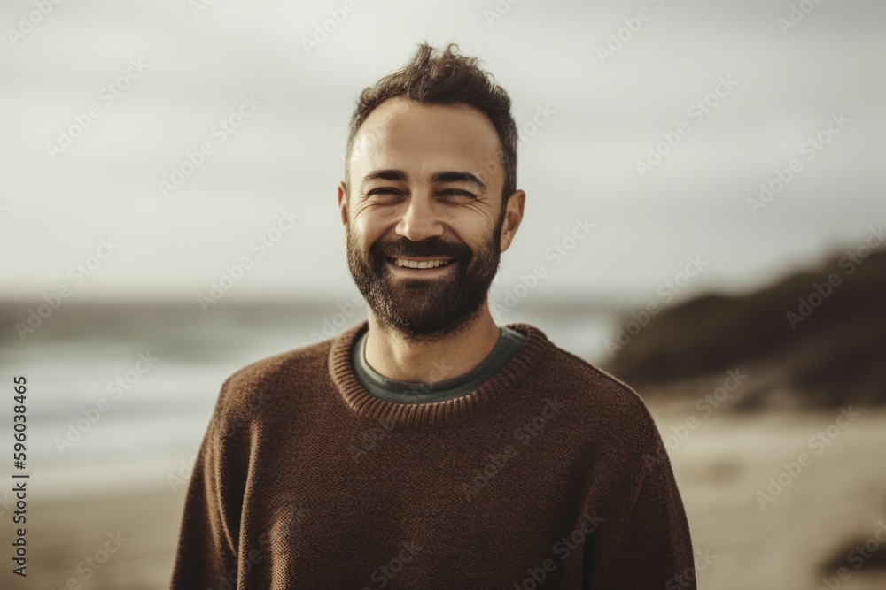 Portrait of a handsome bearded man on the beach at autumn day Portrait of a handsome bearded man on the beach at autumn day