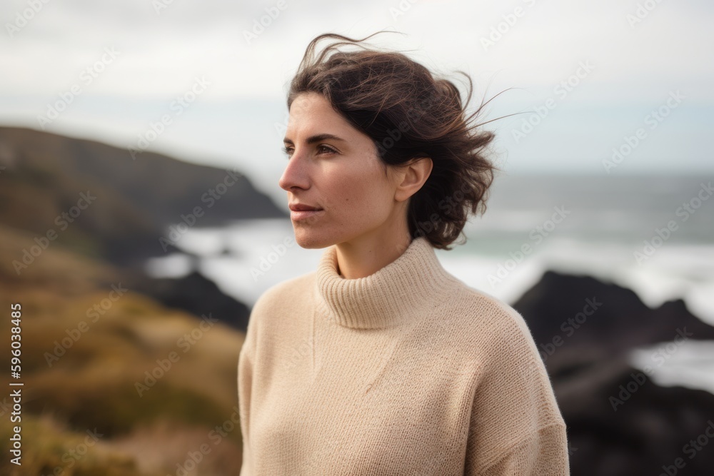 Portrait of a beautiful young woman standing on the beach in autumn Portrait of a beautiful young woman standing on the beach in autumn