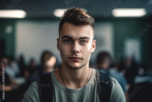 Portrait of handsome young man looking at camera while standing in conference hall