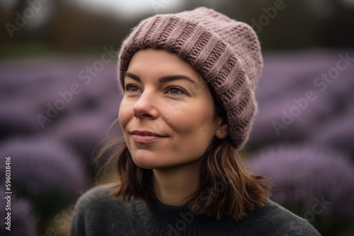 Portrait of a young woman in a lavender field wearing a knitted hat