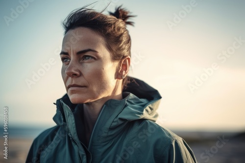 Portrait of a young woman in a green jacket on the beach