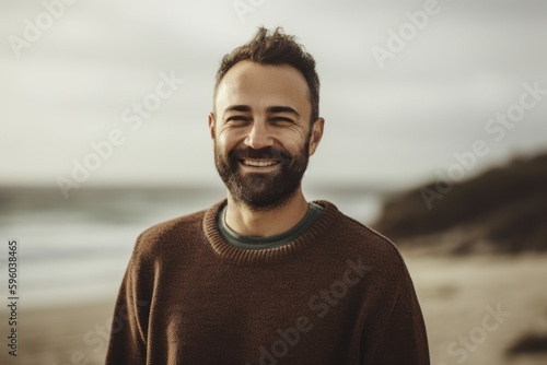 Portrait of a handsome bearded man on the beach at autumn day