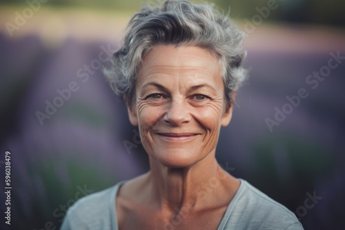 Portrait of smiling senior woman standing in lavender field at sunset
