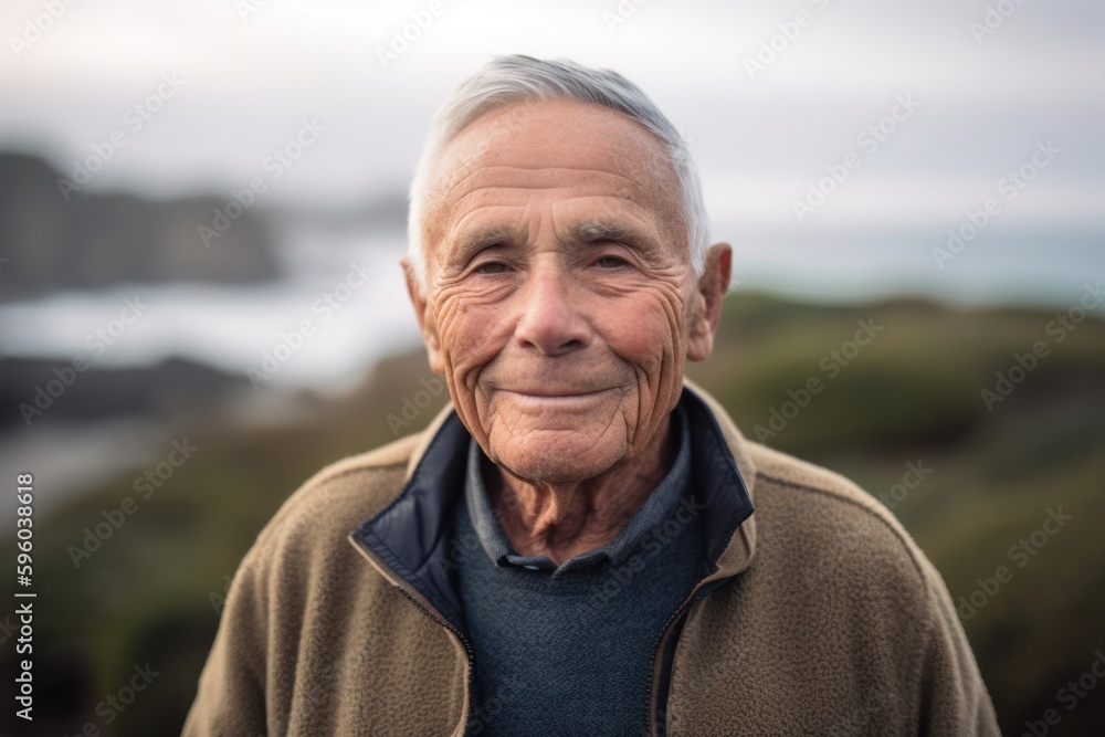 Portrait of smiling senior man standing in front of camera at beach