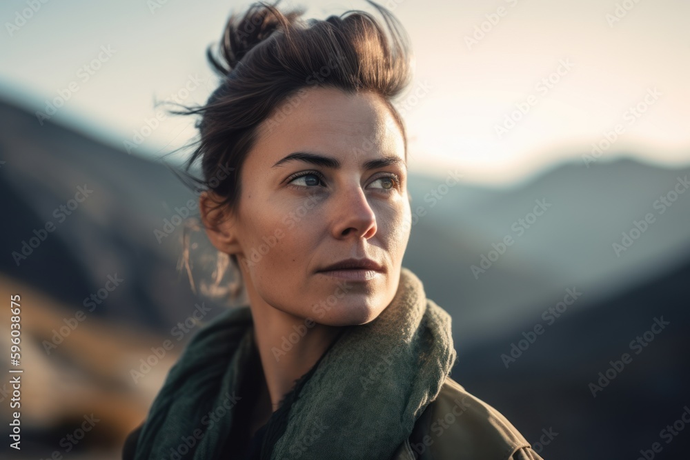 Close up portrait of a beautiful young woman in the mountains at sunset