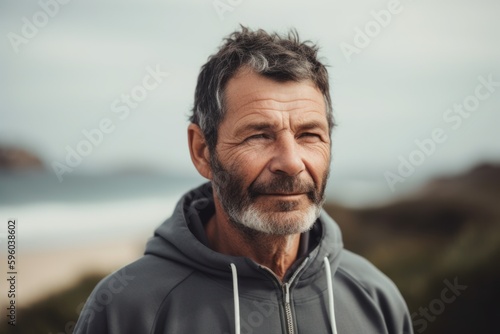 Portrait of senior man with grey hair in sportswear looking at camera on beach