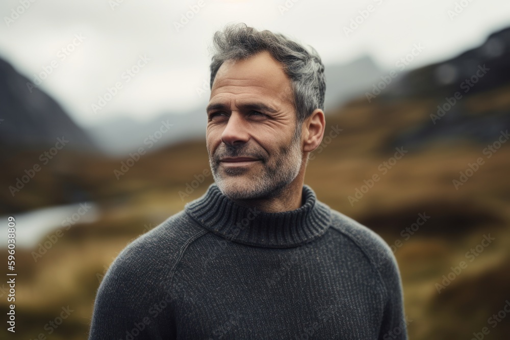 Handsome middle-aged man with grey hair and beard in sweater looking at camera. He is smiling. Handsome middle-aged man with grey hair and beard in sweater looking at camera. He is smiling.