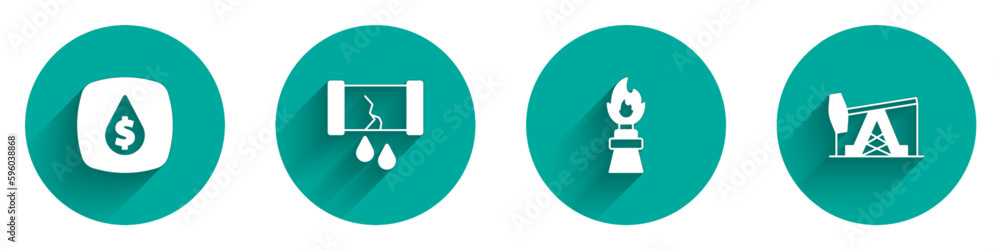 Set Oil drop with dollar symbol, Broken oil pipe valve, rig fire and pump or pump jack icon with long shadow. Vector Set Oil drop with dollar symbol, Broken oil pipe valve, rig fire and pump or pump jack icon with long shadow. Vector