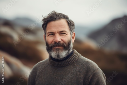 Portrait of a middle-aged man with a gray beard and mustache in a warm sweater on the background of mountains