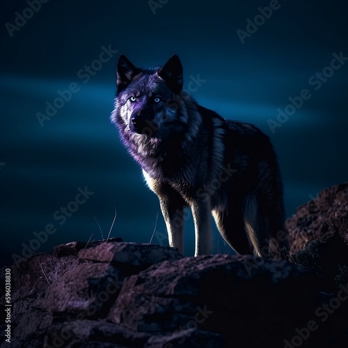 wolf in the night with an intense stare.