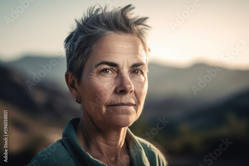 Portrait of a senior woman looking away in the mountains at sunset