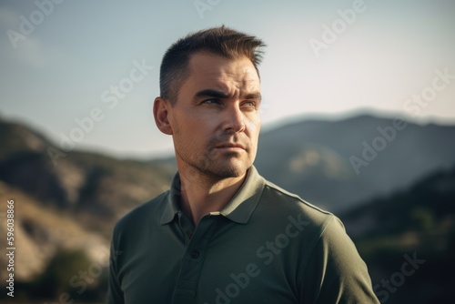 Portrait of a handsome young man in a green polo shirt on a background of mountains