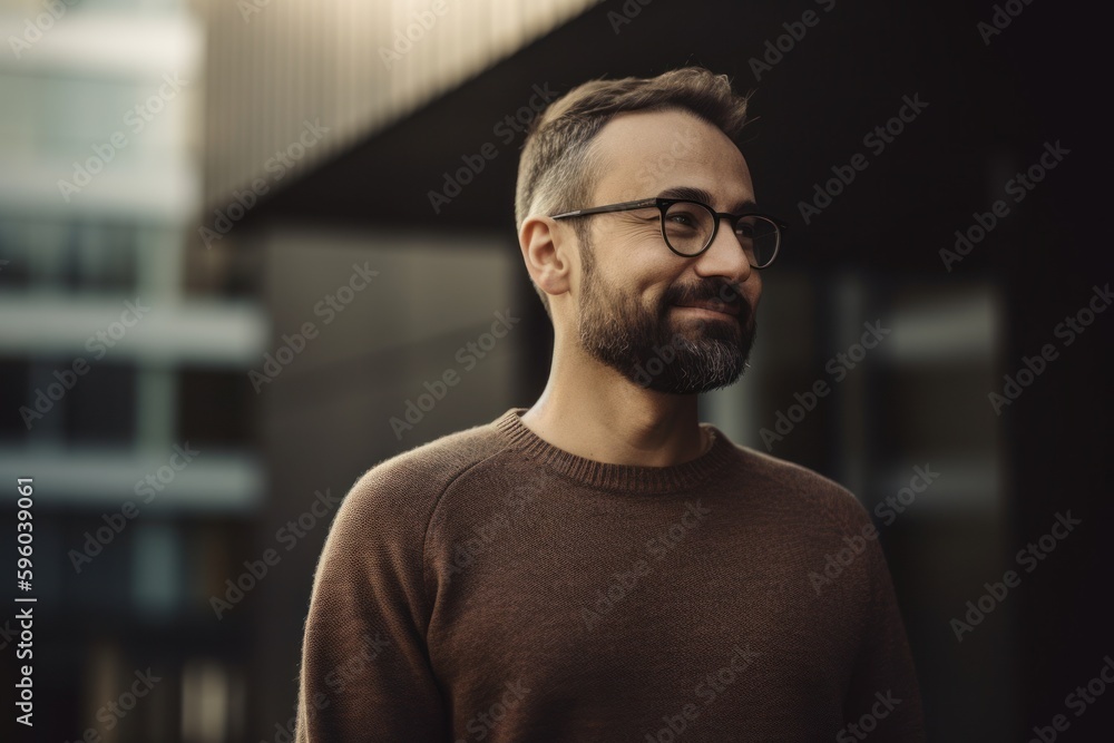 Handsome bearded man in eyeglasses looking away while standing outdoors