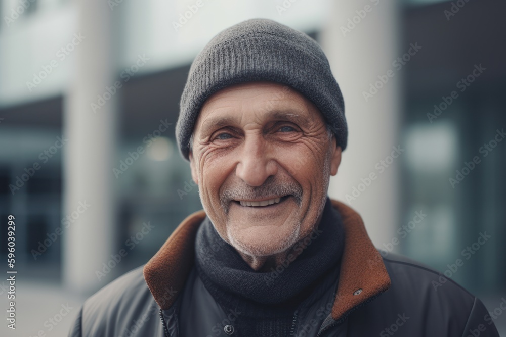 Portrait of smiling senior man in cap looking at camera in city Portrait of smiling senior man in cap looking at camera in city