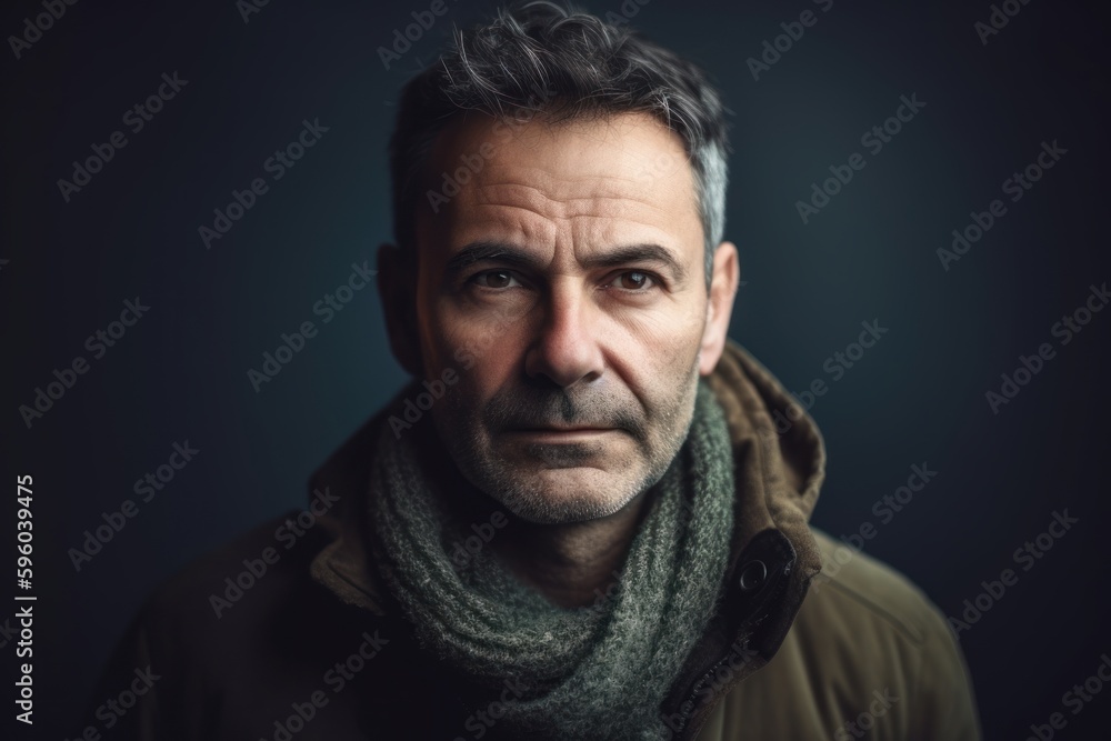 Portrait of a middle-aged man in a warm jacket and scarf Portrait of a middle-aged man in a warm jacket and scarf