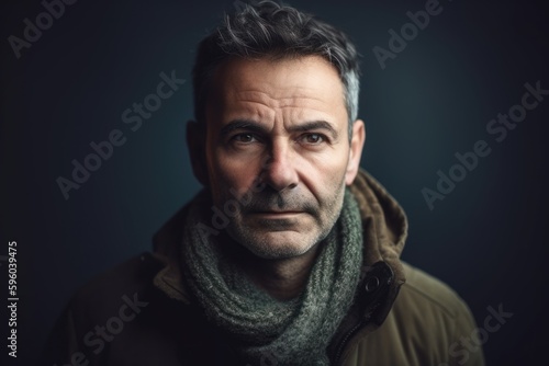 Portrait of a middle-aged man in a warm jacket and scarf