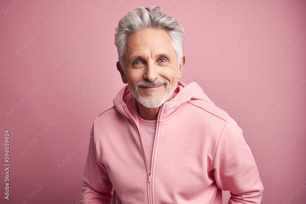 Portrait of smiling senior man in pink hoodie looking at camera isolated over pink background Portrait of smiling senior man in pink hoodie looking at camera isolated over pink background