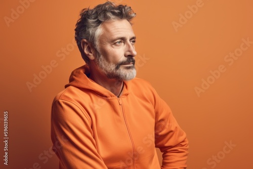 Portrait of a senior man in an orange hoodie on a orange background. © Robert MEYNER