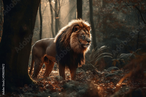 Majestic lion standing still in the forest. created with Generative AI