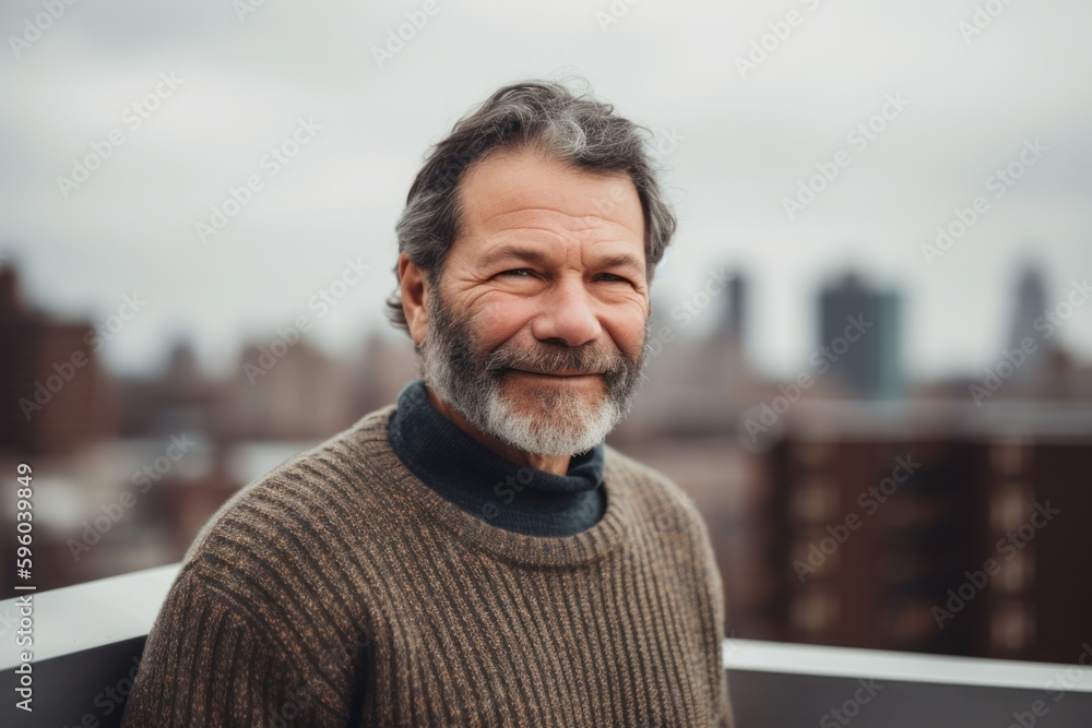 Portrait of a handsome senior man with grey hair, wearing a woolen sweater, standing on a balcony overlooking the city. Portrait of a handsome senior man with grey hair, wearing a woolen sweater, standing on a balcony overlooking the city.