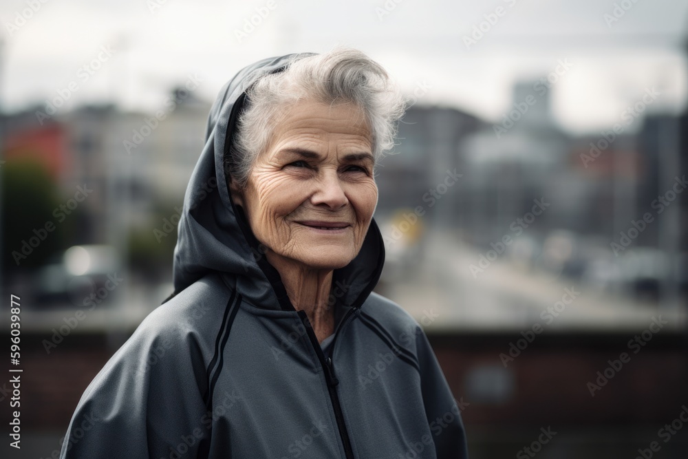 Portrait of a smiling senior woman in hoodie on the street Portrait of a smiling senior woman in hoodie on the street