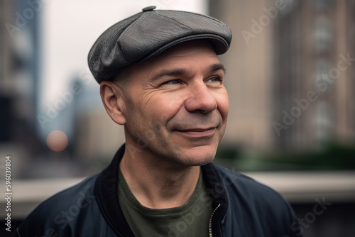 Portrait of a handsome middle-aged man in a cap outdoors