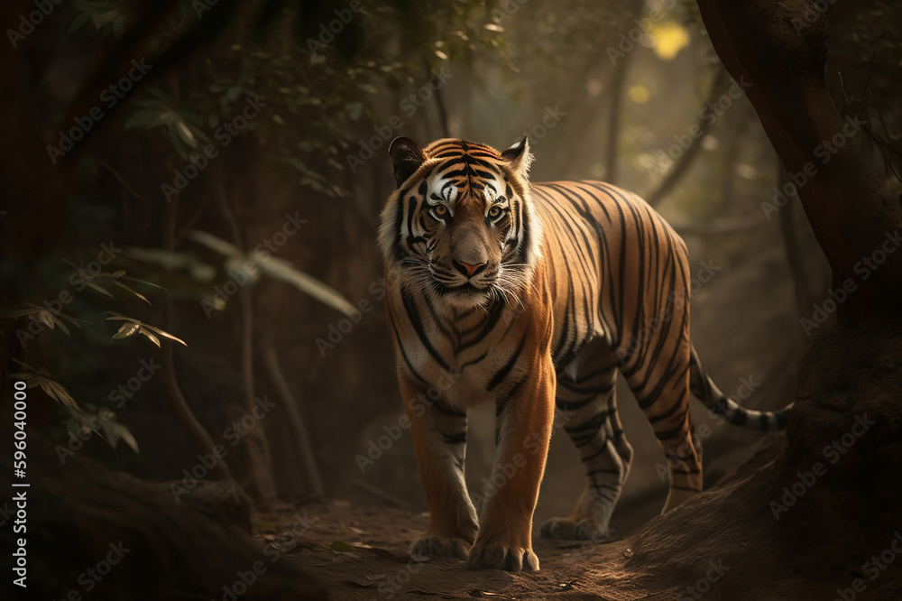 Fototapeta premium Majestic tiger standing still in the forest. created with Generative AI
