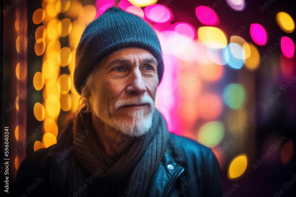 Environmental portrait photography of a pleased man in his 50s wearing a warm beanie or knit hat against neon lights background. Generative AI Environmental portrait photography of a pleased man in his 50s wearing a warm beanie or knit hat against neon lights background. Generative AI