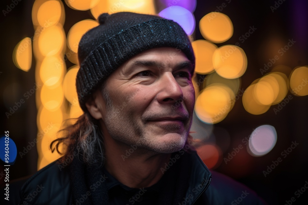 Portrait of a handsome man in a hat on a background of Christmas lights Portrait of a handsome man in a hat on a background of Christmas lights
