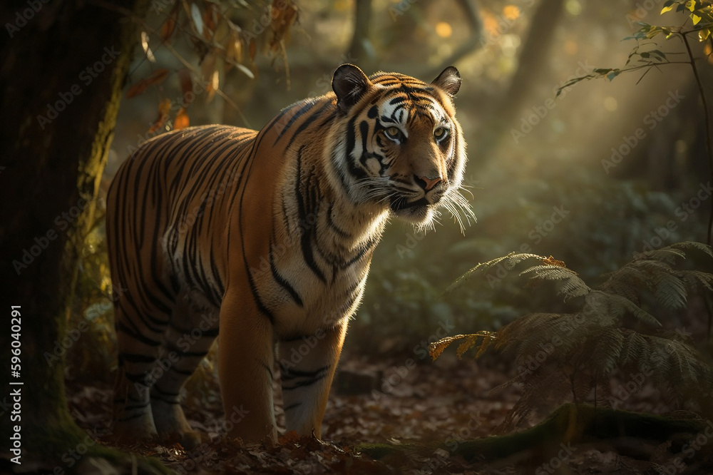 Majestic tiger standing still in the forest. created with Generative AI Majestic tiger standing still in the forest. created with Generative AI