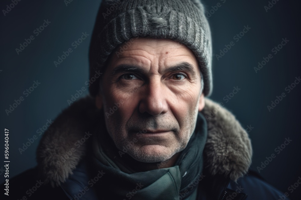 Portrait of a senior man in winter hat and scarf looking at camera Portrait of a senior man in winter hat and scarf looking at camera