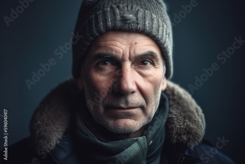 Portrait of a senior man in winter hat and scarf looking at camera