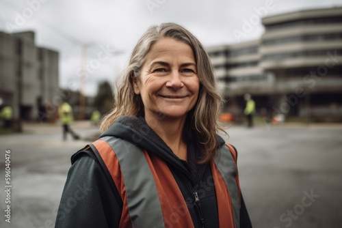 Portrait of a happy senior woman in front of a construction site