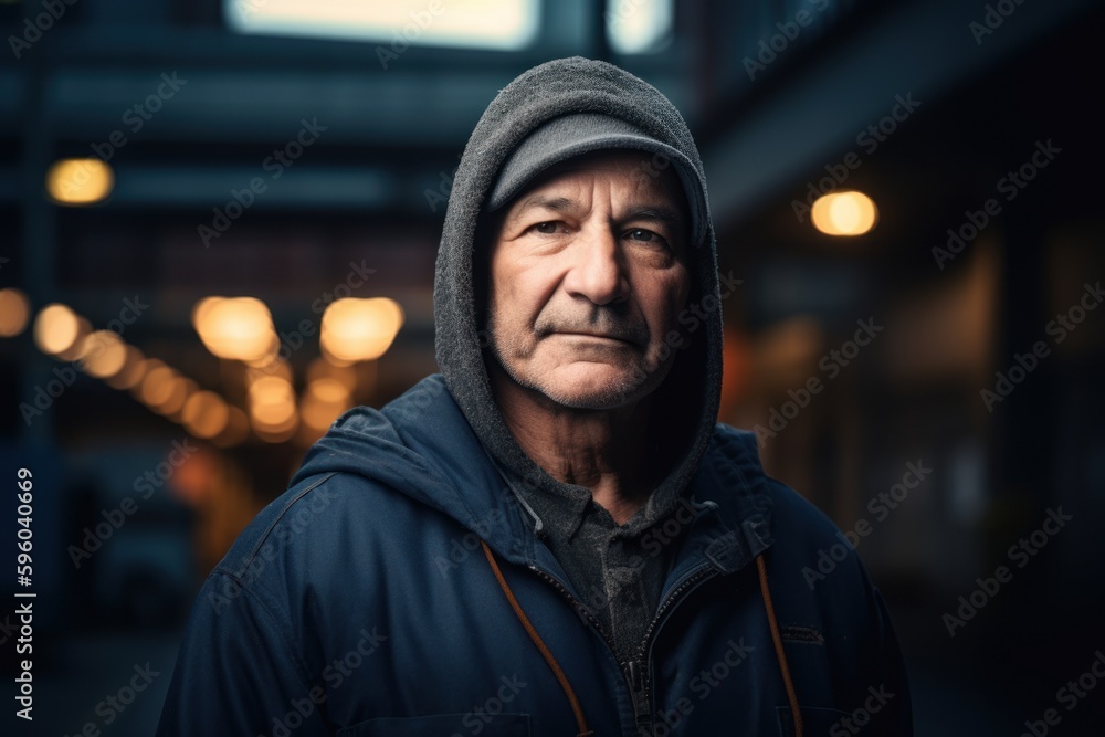 Portrait of an old man in a hood on the street at night