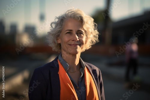 Portrait of smiling senior businesswoman standing outdoors in city at sunset