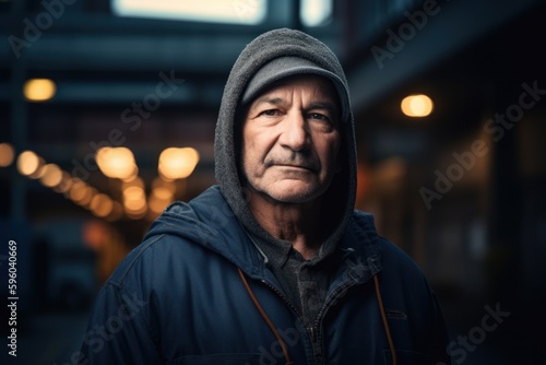 Portrait of an old man in a hood on the street at night