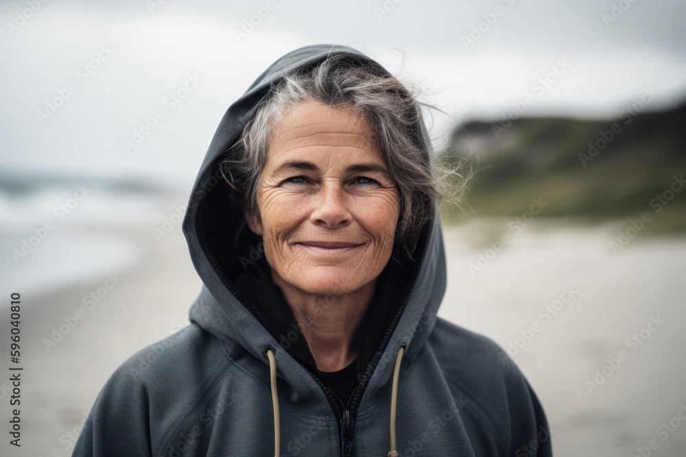 Portrait of a beautiful senior woman on the beach, wearing hoodie. Portrait of a beautiful senior woman on the beach, wearing hoodie.