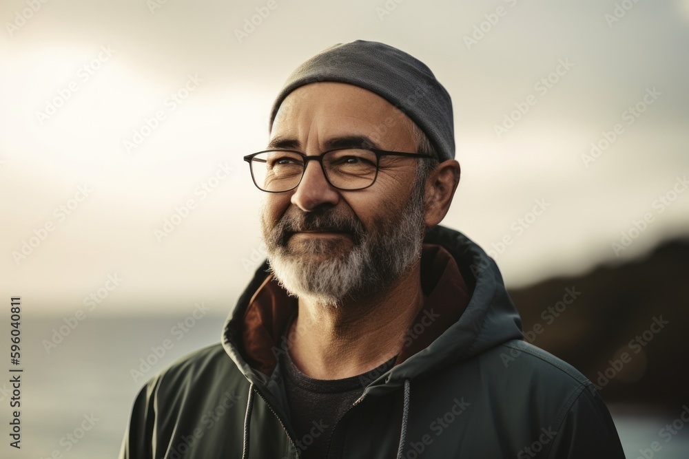 Portrait of a senior man in a hoodie and glasses on the beach. Portrait of a senior man in a hoodie and glasses on the beach.