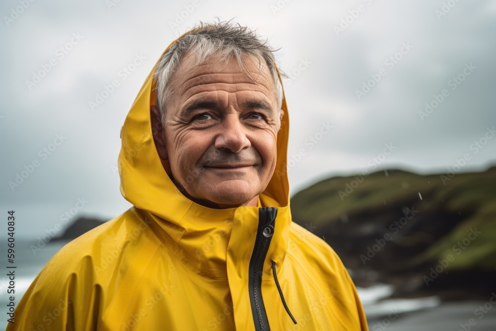 Portrait of a senior man in a yellow raincoat on the beach Portrait of a senior man in a yellow raincoat on the beach