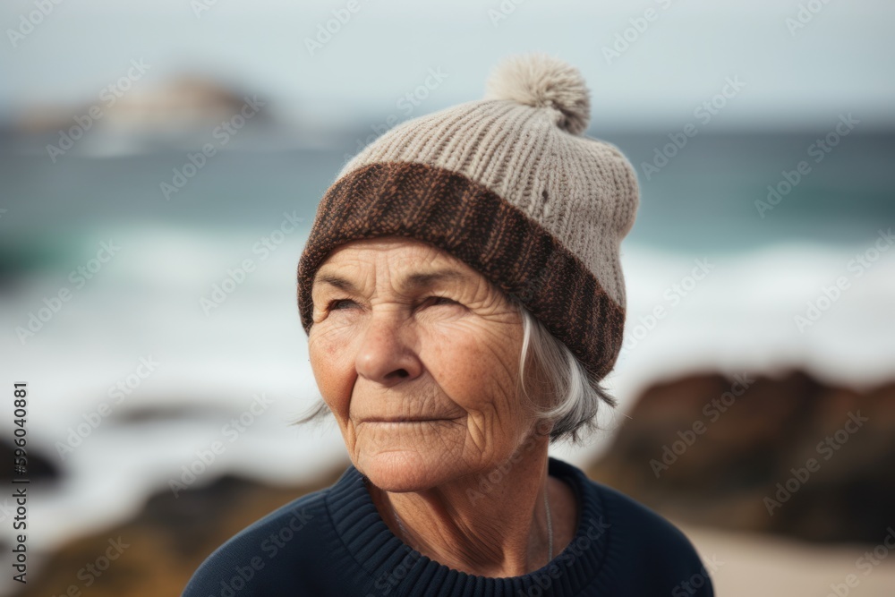 Portrait of a senior woman on the beach in wintertime.